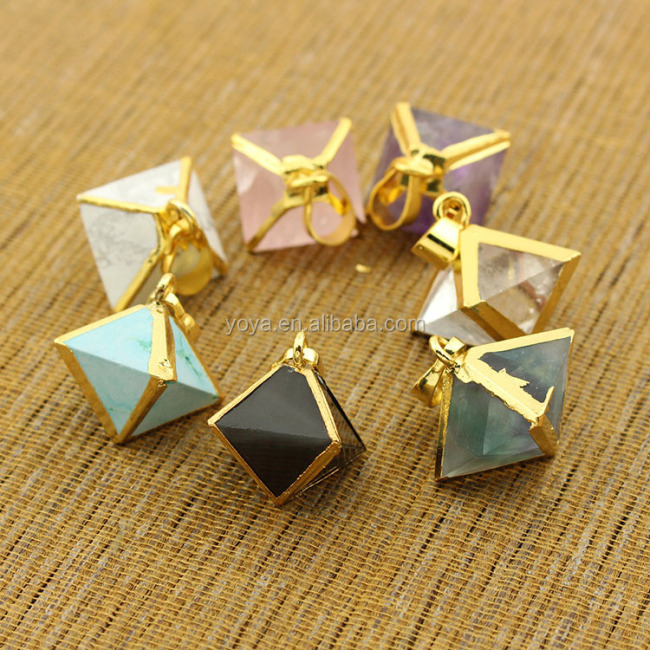 JF6910 Gold plated Crystal Quartz cubic stone bicone pendant,Octahedron Gemstone Pendant,8 sides Geometrical gemstone pendant