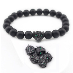CZ6761 new bracelet black cz micro gunmetal plated leopard head beads, black cz panther beads