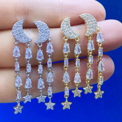 EC1681Celestial Jewelry CZ Micro Pave Crescent Moon and Star Tassel Dangle Charm Earrings,Cubic Zirconia Tassel