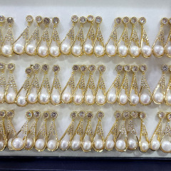 EP1014 Hot Sale Pearl Pave 18k Gold Plated CZ Paved Freshwater Pearl Drop Earrings for Women Ladies