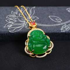 Brass Buddha Pendant Necklace Multi Color Natural Jade Religious Maitreya Jade Pendant Buddha Necklace