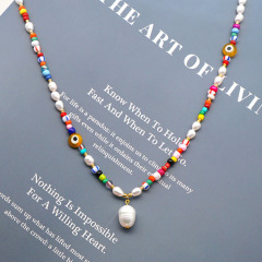 NP1002 Chic Bohemian Gold Rainbow Evil Eyes Beaded Pearl Statement Pendant Layering Necklace Jewelry
