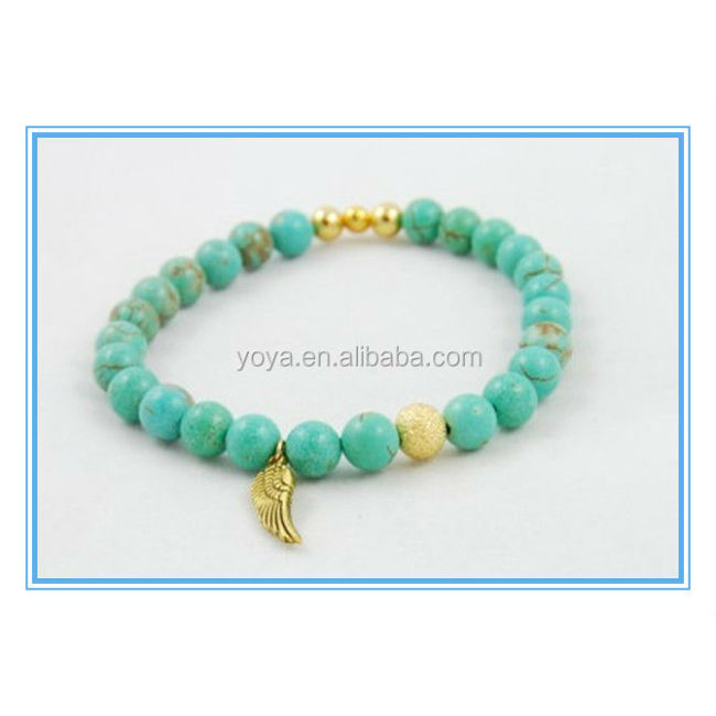 BRW4217 Fashion Small Gold Angel Wing Charm Bracelet Jewelry, Turquoise Beaded Bracelet With Wing