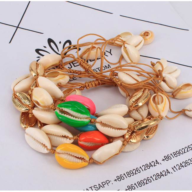 BE1006 Boho Enameled Seashell Adjustable Bracelet, Cowrie Shell Beach Macrame Bracelet