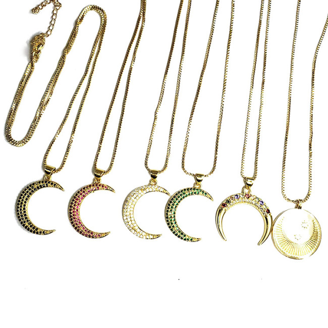 NZ1179 New Gold plated Diamond Jewelry Chic Cubic Zirconia CZ Micro Pave Crescent Moon Pendant Chain Necklace
