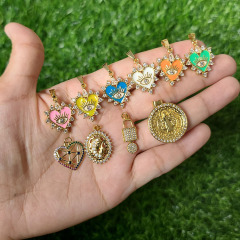 CZ8494 Dainty CZ Micro Pave Jewelry Charms 18k Gold CZ Paved Enamel Heart Lock and Key Saint Benedict Charm Pendants