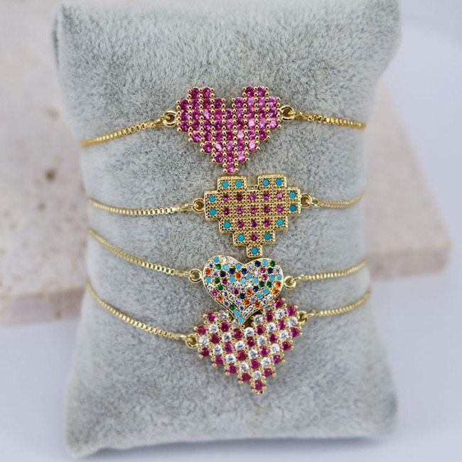 BC1267 Fashion  Charm Adjustable Gold plated Brass CZ Micro Pave colourful Heart Chain Wrist Ladies  Bracelet