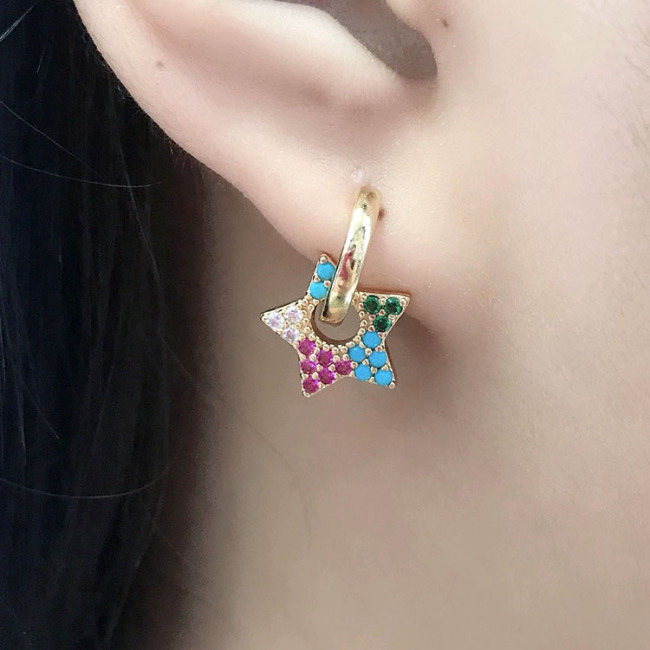 EC1640 New Mini Small Chic Rainbow 18k Gold Plated Zircon CZ Micro Star Charm Huggie Earring