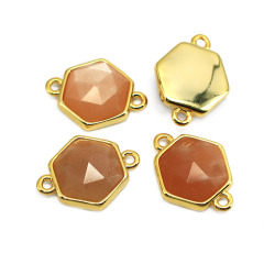 JF8710 Dainty Gold Plated Faceted Natural Labradorite Semiprecious Stone Gemstone Hexagonal Bezel Two Ring Connector