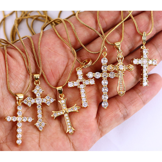 NZ1100 Chic Diamond the Christian Religion Jewelry Cubic Zirconia CZ Micro Pave Cross Pendant Chain Necklace