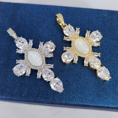 Fashion 18k Gold Plated CZ MOP White Shell Blessed Mother Virgin Mary Saint Halo Cross Pendants Religious Jewelry Supplies