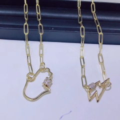 NZ1034 Popular Chic Gold CZ Diamond Screw Clasps Carabiner Lock Charm with Paper Clip Link Chain Necklace