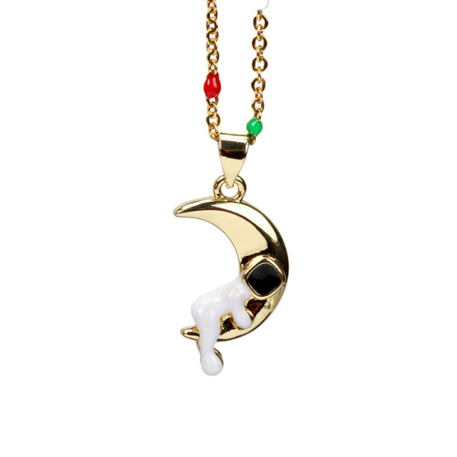 NM1242 Fashion Black White Enamel Space astronauts Pendant Rainbow Enamel Gold Plated Stainless Steel Chain Necklace