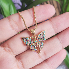 NZ1200 Trendy charm butterfly pendant women necklace ,fashion shiny cubic zircon charm box chain ladies necklace