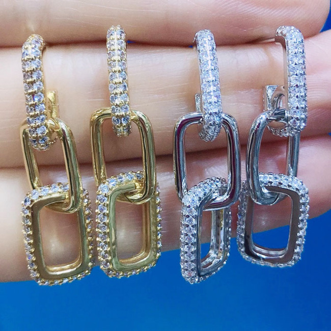 EC1682 2021 Chic Cubic Zirconia CZ Micro Pave Paper Clip Link Chain Dangle Charm Earrings