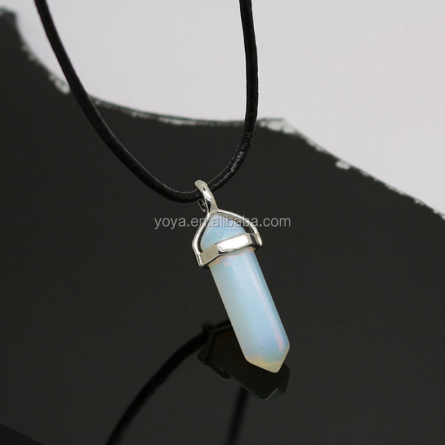 NE2318 Black leather cord chain choker with hexagonal crystal pendant,gemstone point pendant necklace