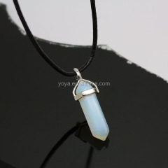 NE2318 Black leather cord chain choker with hexagonal crystal pendant,gemstone point pendant necklace