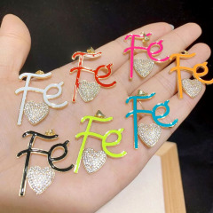 CZ8427 CZ diamond pave Gold Plated brass metal heart letters FE enamel charms Pendant