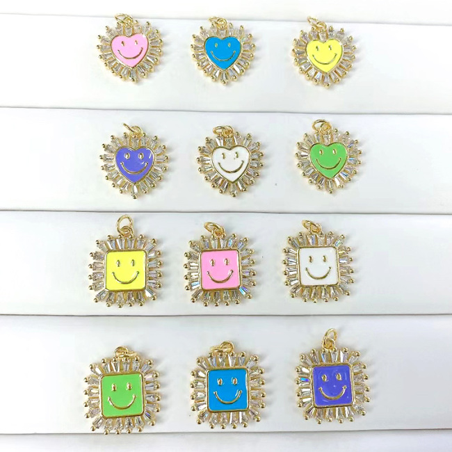 CZ8434 Jewelry Supplies Rainbow Colored Enamel Gold Crystal CZ Micro Pave Round Heart Square Smiley Charm Pendants