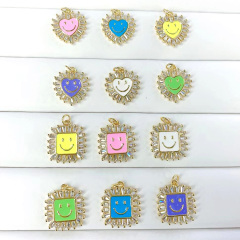 CZ8434 Jewelry Supplies Rainbow Colored Enamel Gold Crystal CZ Micro Pave Round Heart Square Smiley Charm Pendants