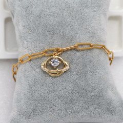 BC1280 Gold Plated Paper Clip Chain Bracelet with Zircon CZ Mary Star Moon and Star Hamsa Hand Charm