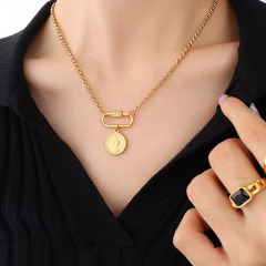 NS1222 Chic Dainty Tarnish Free 18k Gold Plated Stainless Steel Queen Elizabeth Coin Carabiner Clasp Chain Necklace For Women
