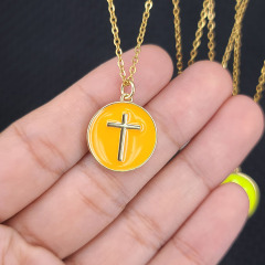 NM1206 18k Gold Plated Rainbow Enamel Multicolor Cross On Disc Round Pendant Stainless Steel Chain Necklace