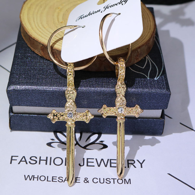 EM1011 Hot Sale High Quality Gold Plated Cross Hoop Earring with Crystal for Women