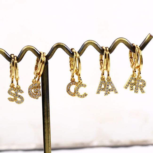 EC1619 Mini Gold Plated Cubic Zirconia CZ Micro Pave Initial Letter Huggie Earring, Diamond Letter Alphabet Huggies