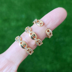 RM1161 Popular Chic Gold Plated Diamond Zircon CZ Micro Pave Gold Coffee Bean Lin Chain Adjustable Open Rings