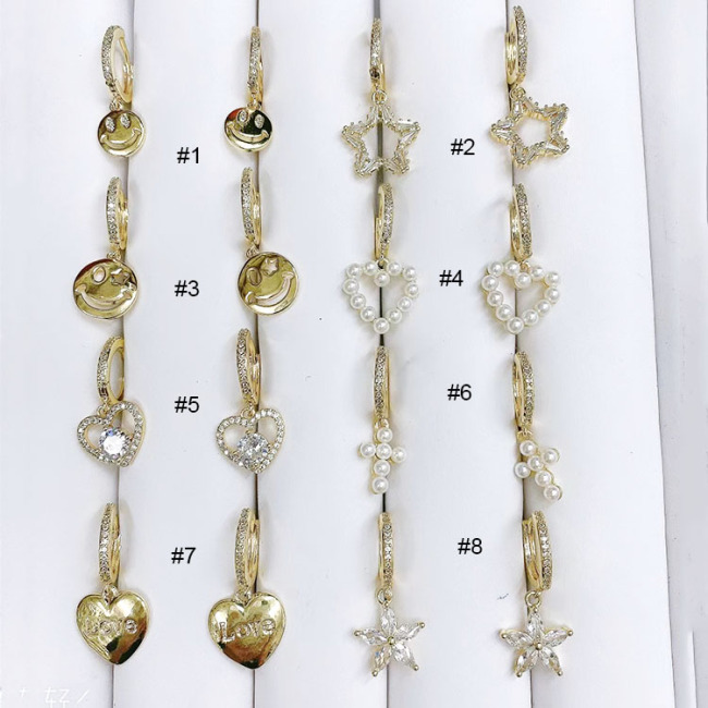 EC1729 2021 Womans Fashion Gold Plated Clear CZ Micro Pave Smiley Pearl Heart Cross Dangle Charm Huggie Earrings