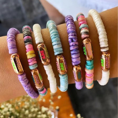 BE2023 New design Fashion Colorful Shell Heishi Disc Beaded Gold Words Tube Elastic Bracelet BE2023 New design Fashion Colorful Shell Heishi Disc Beaded Gold Words Tube Elastic Bracelet