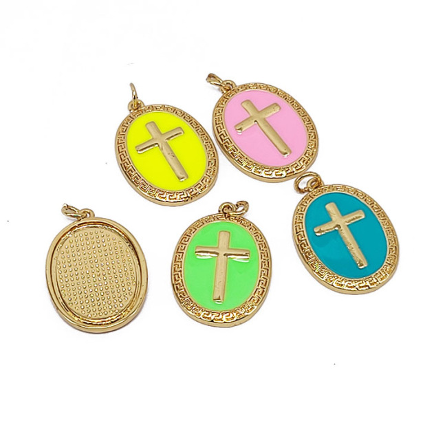 JS1578 18K Gold Plated brass metal enamel colorful cross oval shape charms Pendant