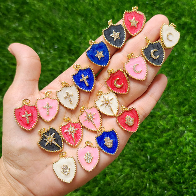 18k Gold Plated Micro Pave CZ North Star Cross Hamsa Hand Crescent Moon On Enamel Multi Colored Colorful Shield Shape Pendants