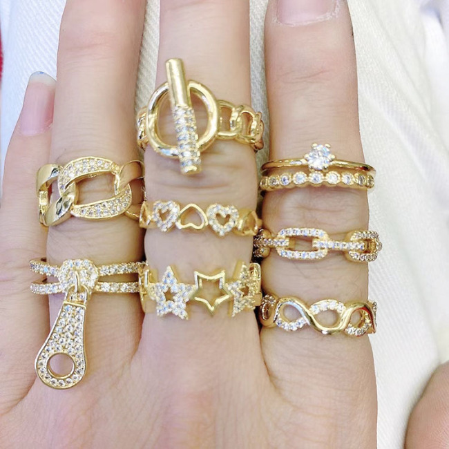 RM1183 New Dainty Gold Plated Diamond CZ Micro Pave Toggle Curb Cuban Chain Zipper Oval Double Stack Cocktail Rings