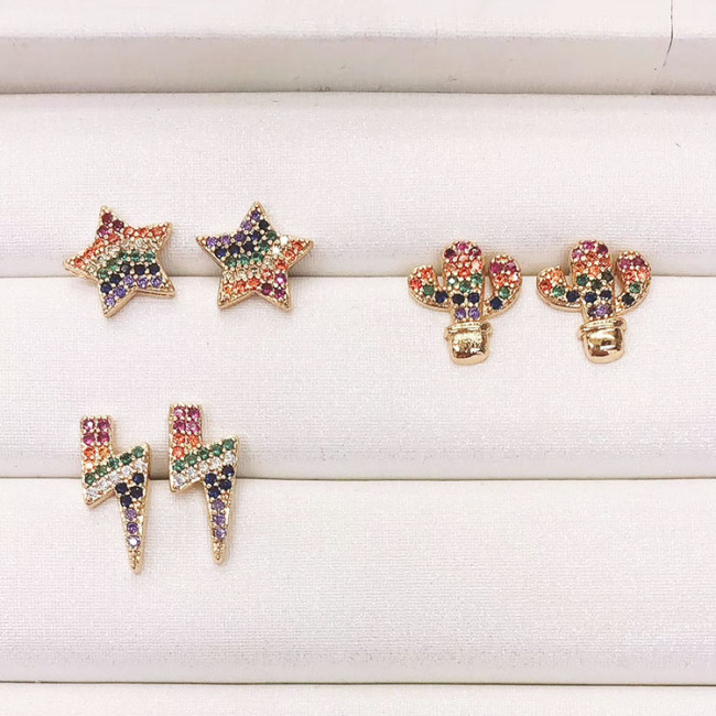 EC1443 Chic Dainty Rainbow Diamond CZ Micro Pave Lightning Bolt Thunder Cactus Star Stud Earrings