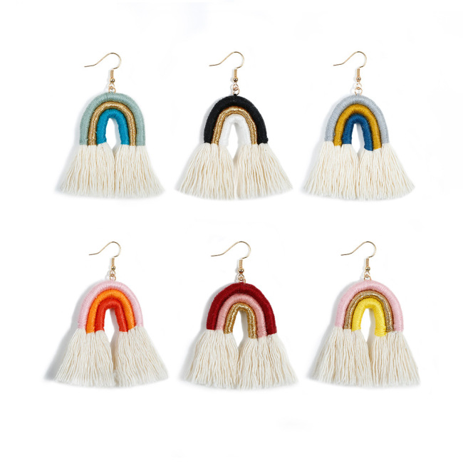 ET1066 New Fashion tassel short earring multilayer handmade cotton thread hairball bohemian jewelry women rainbow earring