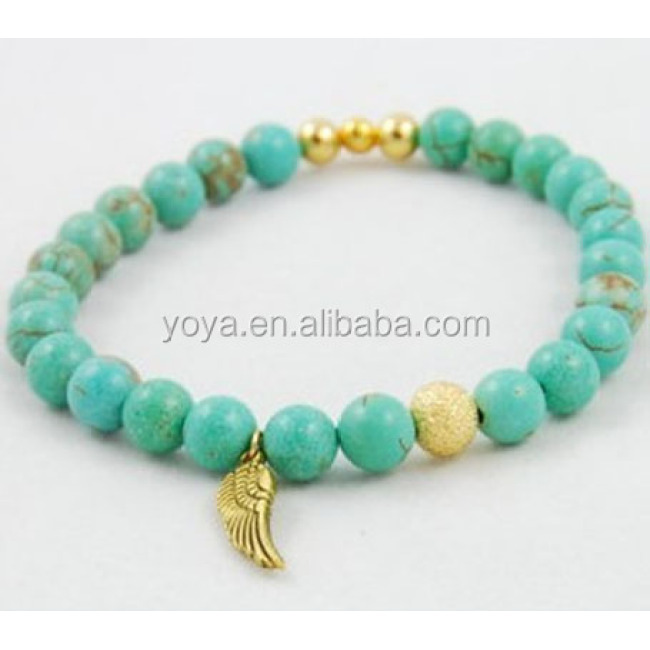 BRW4217 Fashion Small Gold Angel Wing Charm Bracelet Jewelry, Turquoise Beaded Bracelet With Wing