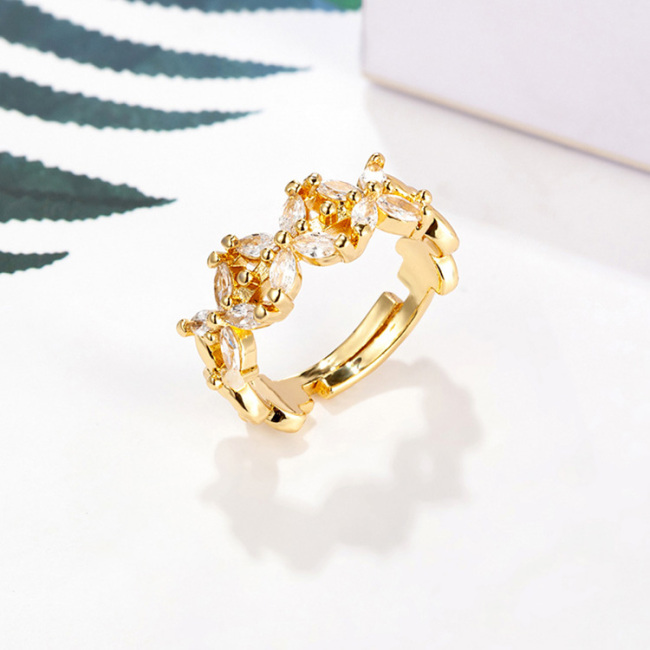 RM1180 Dainty Delicate  Minimalist Gold Plated Diamond CZ Micro Pave Leaf Toggle Cluster Double Stack Cocktail Rings for Ladies