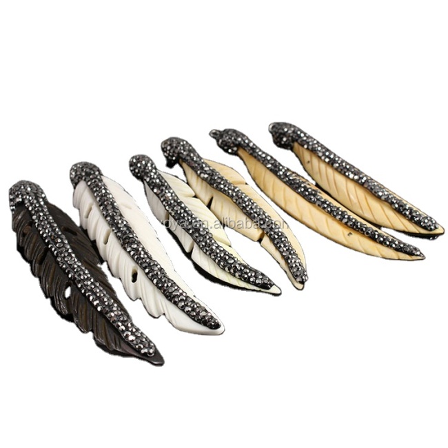 JF6904 crystal pave Carved Bone Feather Pendant