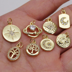 CZ8292 wholesale tiny CZ brass charm evil eyes & crown, jewelry findings copper circle pendant for women's necklace