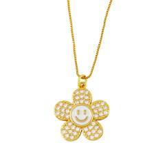 NZ1221 NEW 18K gold plated brass cz diamond micro pave enamel sun flower smiley Charm Pendant Necklaces