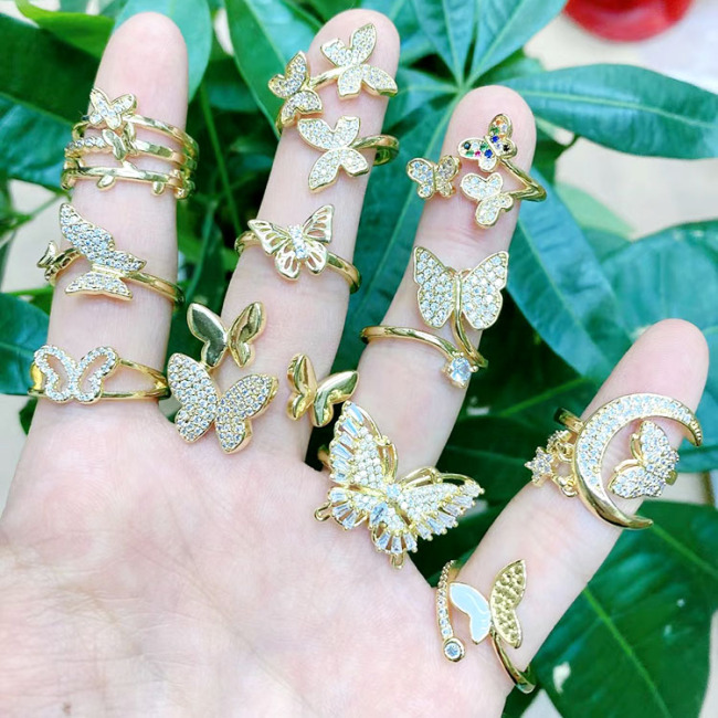 RM1361 Dainty New Gold Crystal Diamond CZ Paved Filigree Butterfly Rings for Ladies Women 2021
