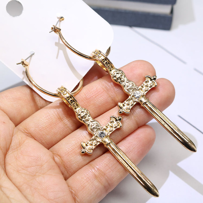 EM1011 Hot Sale High Quality Gold Plated Cross Hoop Earring with Crystal for Women