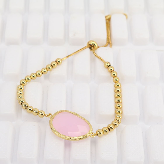 BN4017  Chic Women's Faceted Cat's Eye Gemstone Gold Bezel Wrapped Charm Bracelet with Small 4mm Gold Beads Adjustable Chain