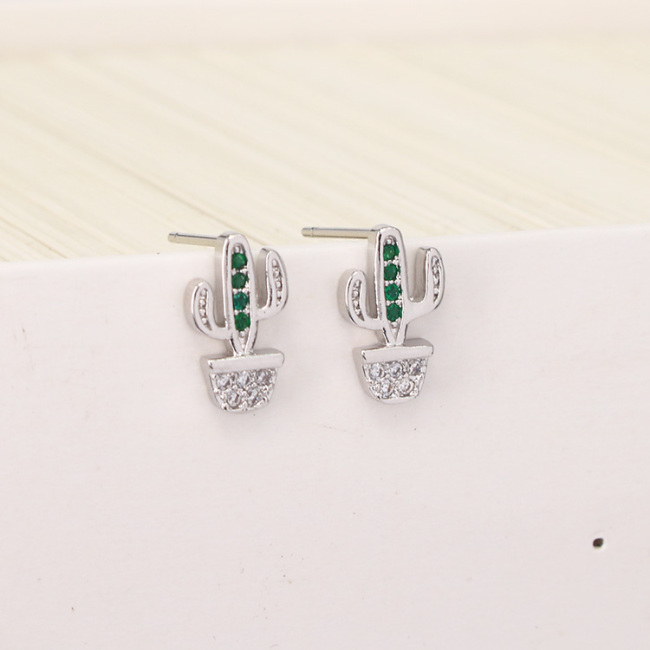 EC1188 Dainty Gold Minimalist Cactus Earring Cubic Zirconia Pave Earrings for Women, Mini CZ Cactus Charm Earrings