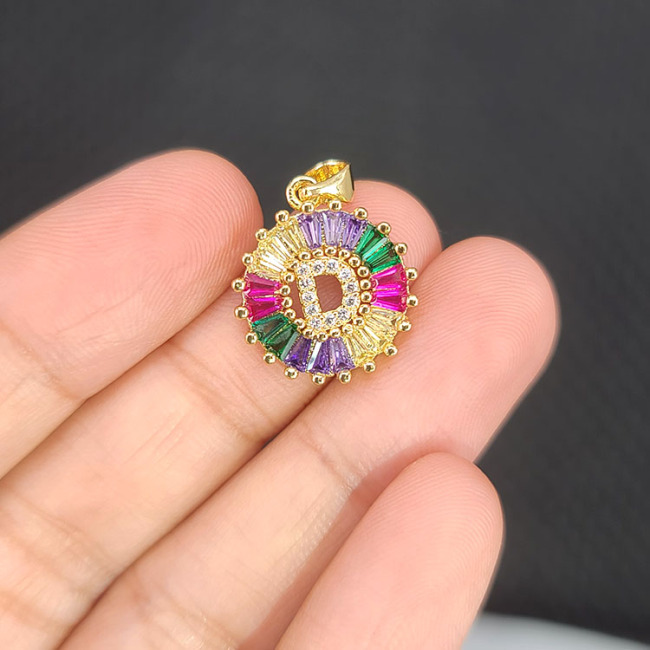 CZ7708 18K Gold Plated Personalized Rainbow CZ Paved Alphabet Letter Initial Charm Pendant with Baguette CZ Stones