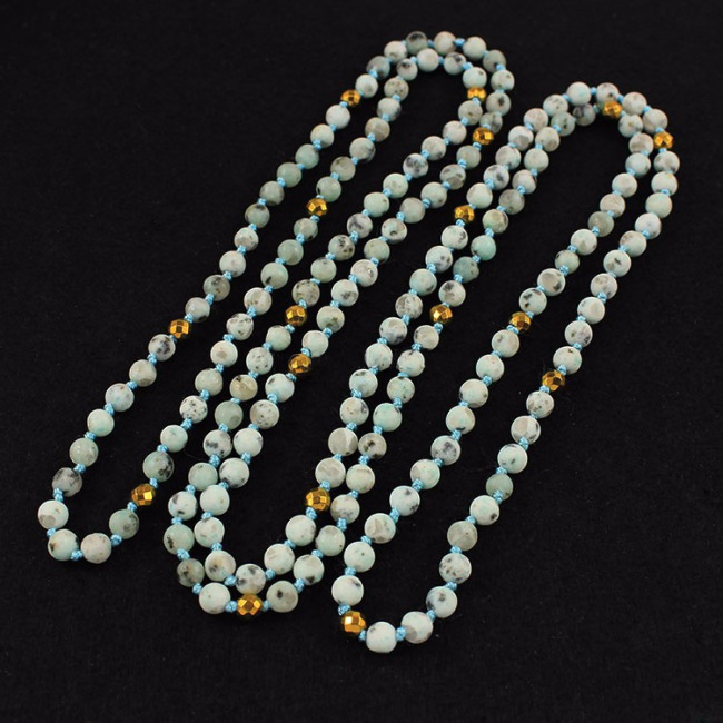 NE2490 hand knotted dalmation jasper gemstone beads chain long necklace for women