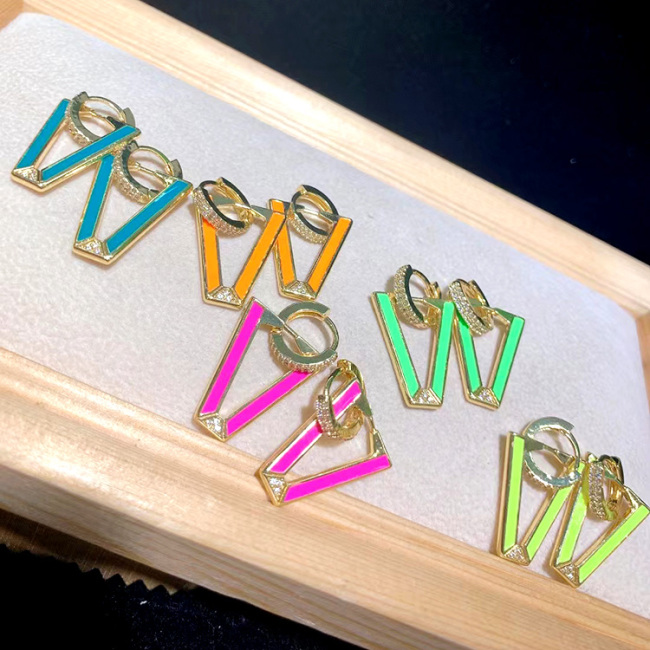EC1756 18k Gold Plated CZ Pave Rainbow Multicolor Enamel Neon Triangle V Shape Drop Geometric Huggie Earrings for Ladies