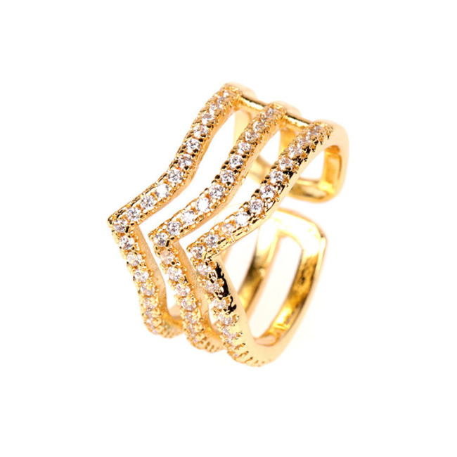 RM1189 Dainty Delicate  Minimalist Gold Plated CZ Micro Pave Triple Strand Chevron V Crown Stack Rings for Ladies